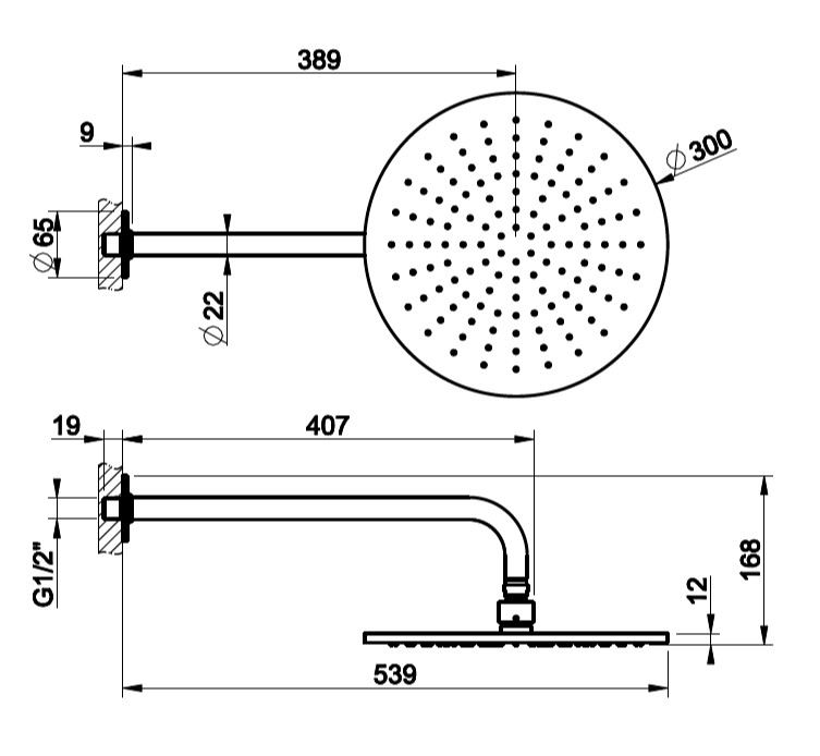 Тропический душ Gessi Inciso 30х30 58248707 черный металл браш PVD схема 1