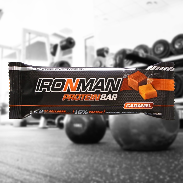 Россия "IRONMAN" Батончик "Protein Bar" с коллагеном, 50 г (Карамель/ тёмная глазурь)