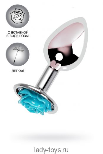Анальная втулка Metal by TOYFA, металл, серебристая с голубой розочкой, 8 см, Ø 2,7 см, 48 г
