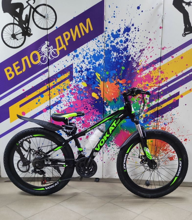 Велосипед 24"  2024 усиленный обод детский спицы Vokat NEXT черно-зеленый