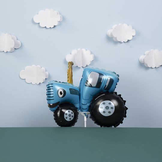 Синий Трактор шар фольгированный с воздухом на палочке