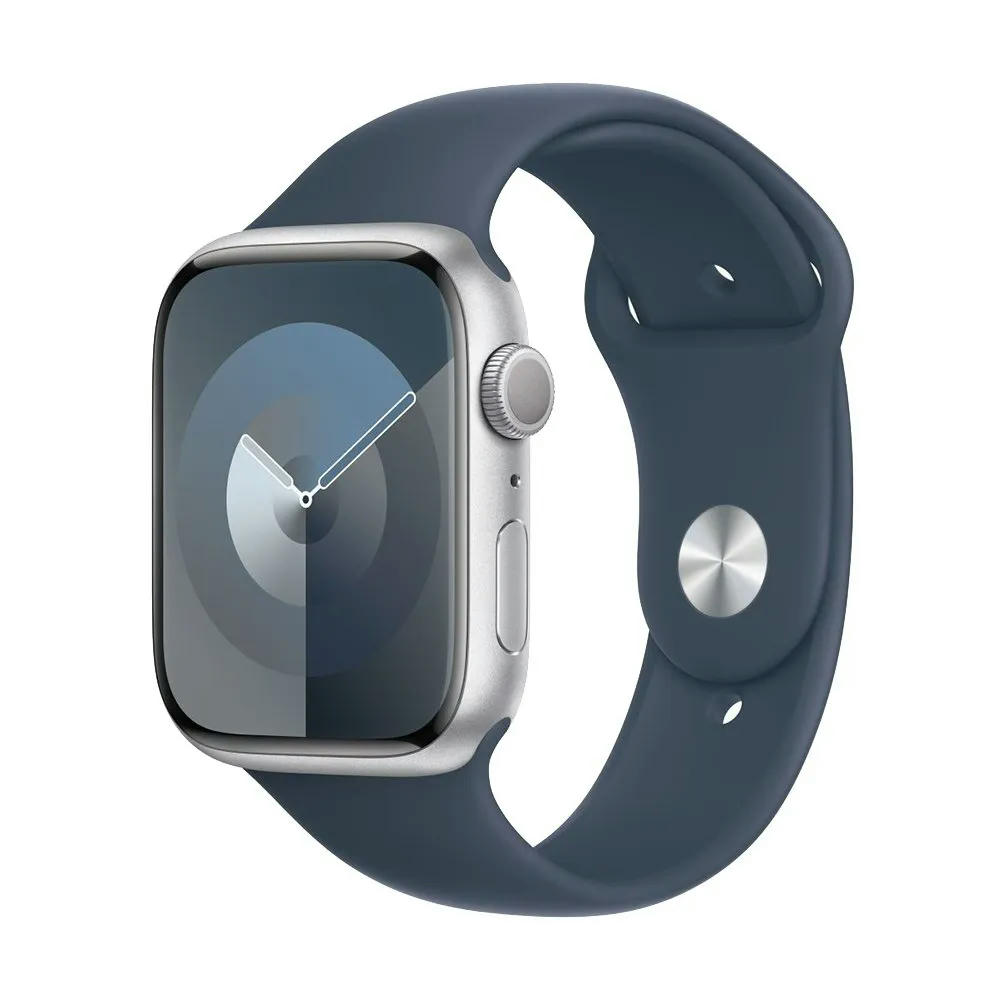 Apple Watch Series 9 45mm (GPS) Silver Aluminum Case with Storm Blue Sport Band (M/L) (MR9E3)