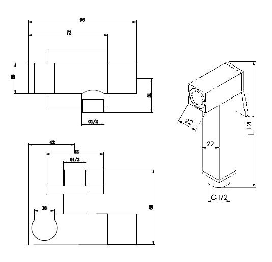 Гигиенический душ с гибким шлангом 120см держателем и запорным вентилем CEZARES CZR-L-DIF-01 схема 2